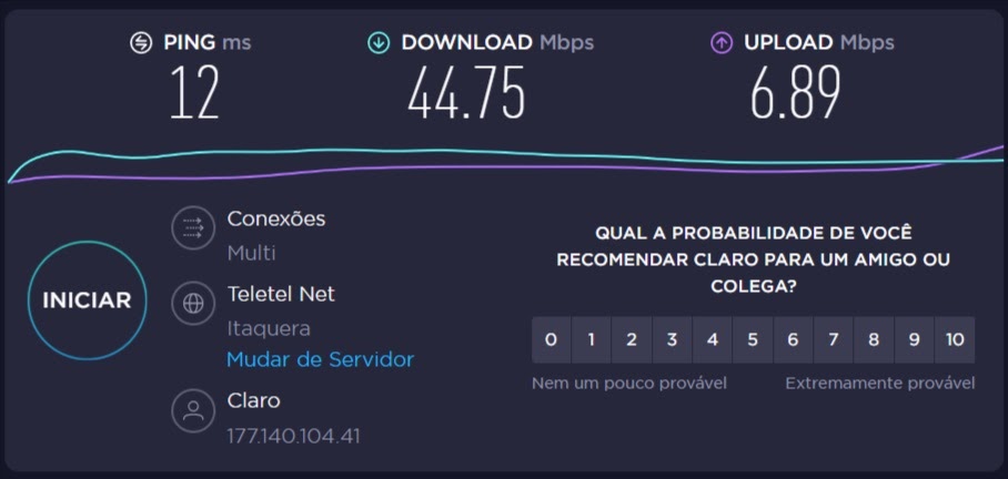 Resultado do teste de conexão da velocidade da internet no Speedtest